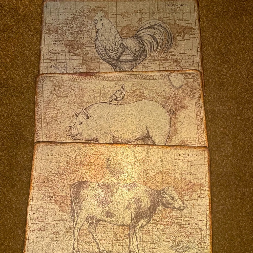 Set of 3 rustic tin farm animal pictures.